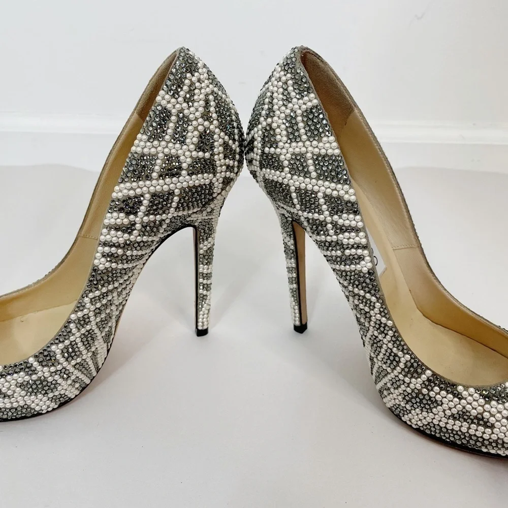 Jimmy Choo Anouk Pearl Crystal Suede Embellished Heel Pumps